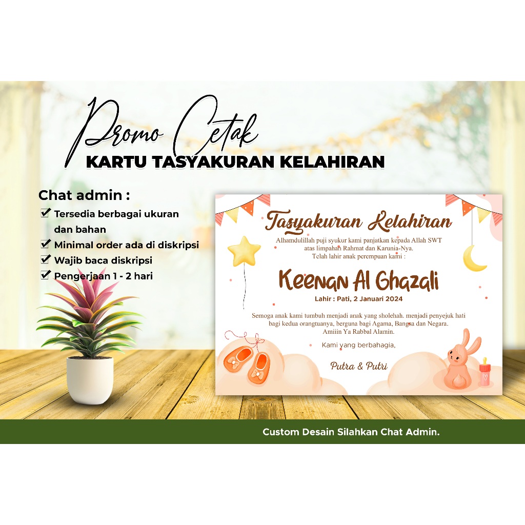 

Cetak Stiker / Kartu Tasyakuran Kelahiran, Aqiqah, Puputan , Selapanan