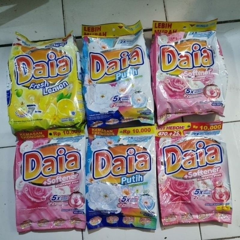 Deterjen bubuk Daia putih, daia softener, daia putih kemasan 470 gram dan 800 gram