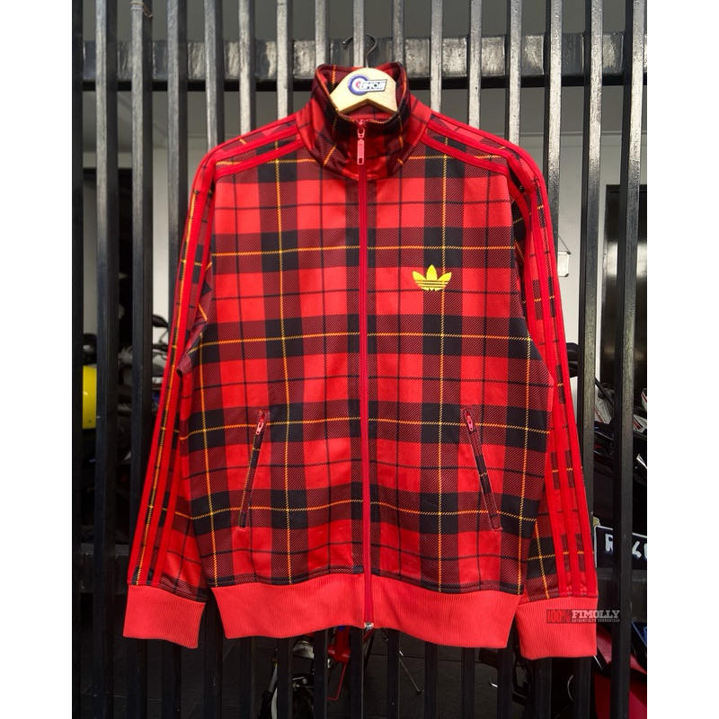 Tracktop Adidas Firebird tartan red colourway
