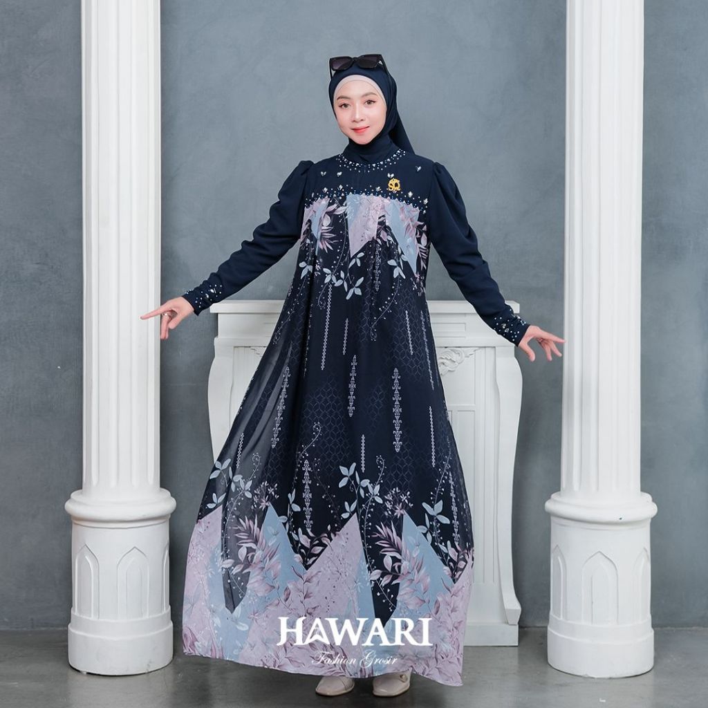 HAWARI - Gamis Set Hijab hawari Gamis Kondangan Muslim Wanita Ceruty Motif Digital Printing Elegan