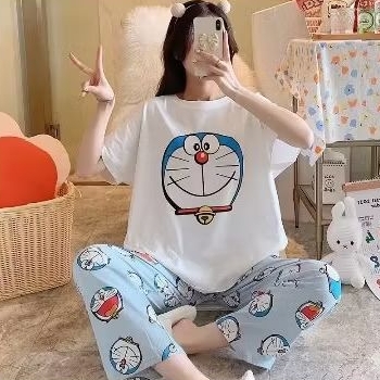 SET PIYAMA DORAEMON PUTIH - BAJU TIDUR WANITA GAYA IMPORT KOREA TERBARU - SETELAN TIDUR MOTIF KARAKT