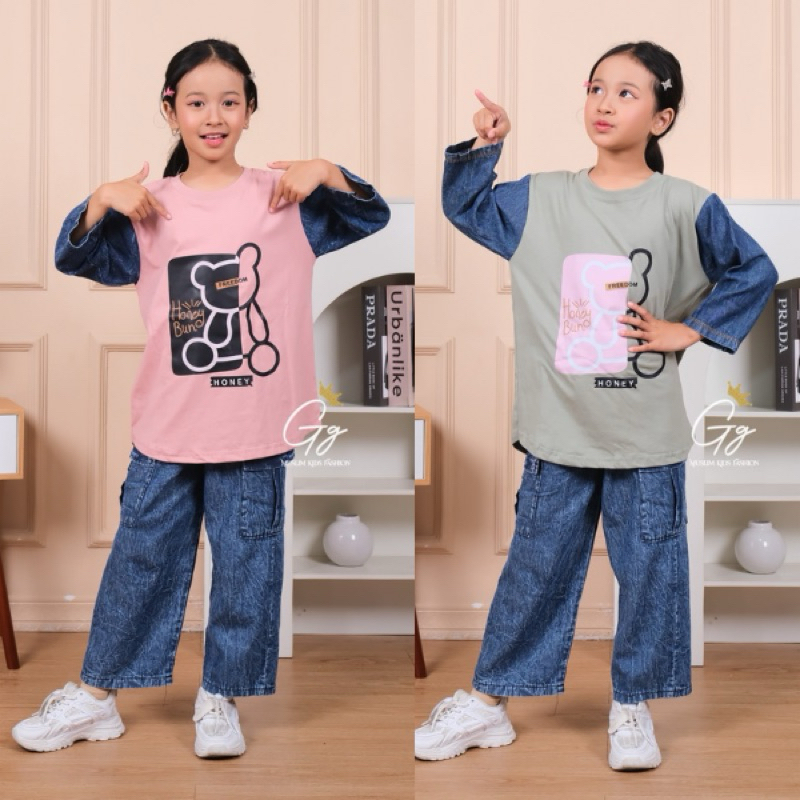 jeans oneseat labubu size 1-12 tahun combed premium 24s / setelan celana anak prempuan / setcel anak