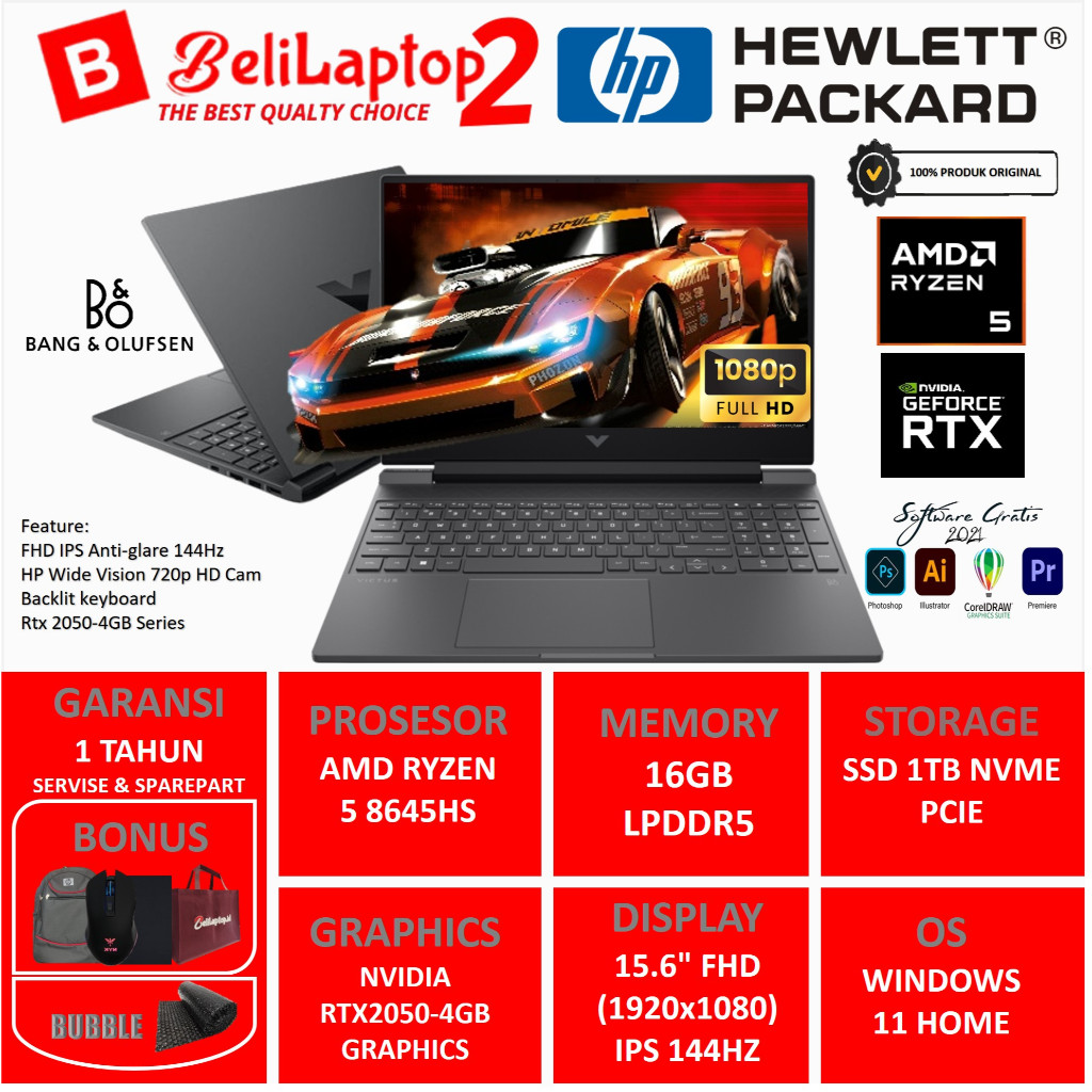 Terlaris Laptop HP Victus 15 AMD Ryzen 5 8645HS RAM 32GB DDR5 1TB SSD RTX4050 6GB 144Hz Win 11 Ori