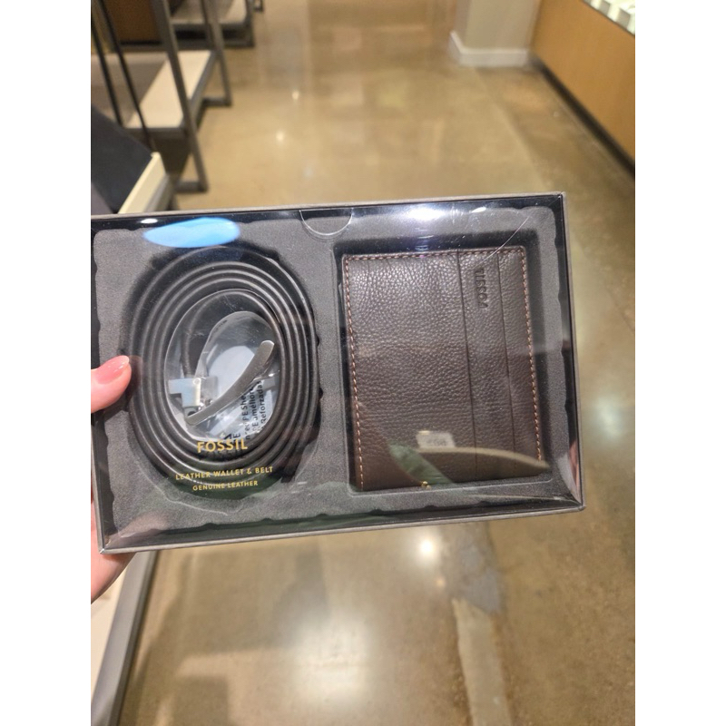 Fossil Men Enric Gift Set Wallet Belt Brown AUTHENTIC