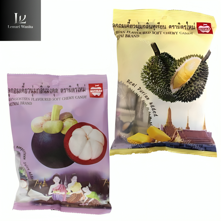 

Permen Lunak Halal Rasa Durian & Manggis Mitmai Brand Soft Chewy Candy Asli Thailand Kemasan 110gr