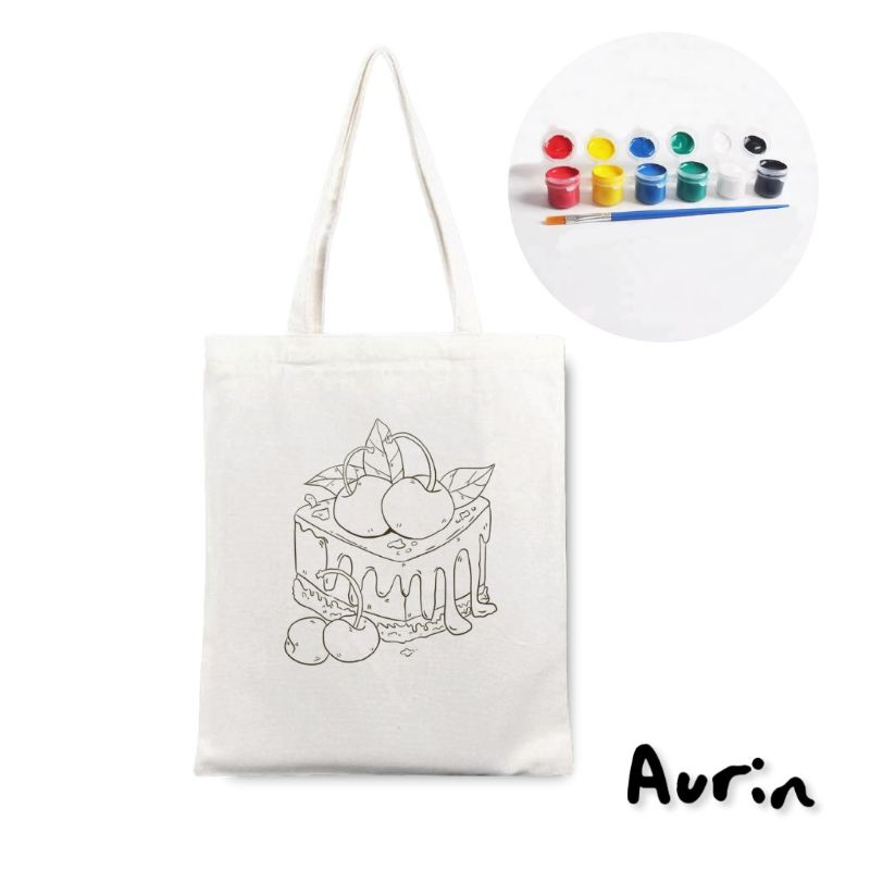 

Cake tote bag lukis + tinta akrilik dan kuas
