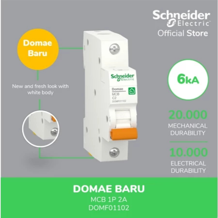 MCB Schneider Electric 2 Ampere NEW DOMAE MCB 2A 1P - DOMF01102 100% Original