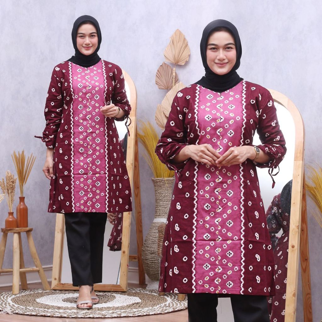 Tunik Jumputan | Tunik Batik Wanita Busui Resleting Depan | Batik Kerja Wanita