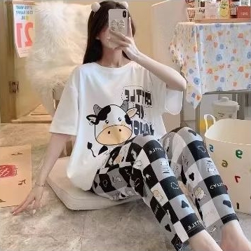 SET PIYAMA MOO SAPI KOTAK PUTIH - BAJU TIDUR WANITA GAYA IMPORT KOREA TERBARU - SETELAN TIDUR MOTIF 
