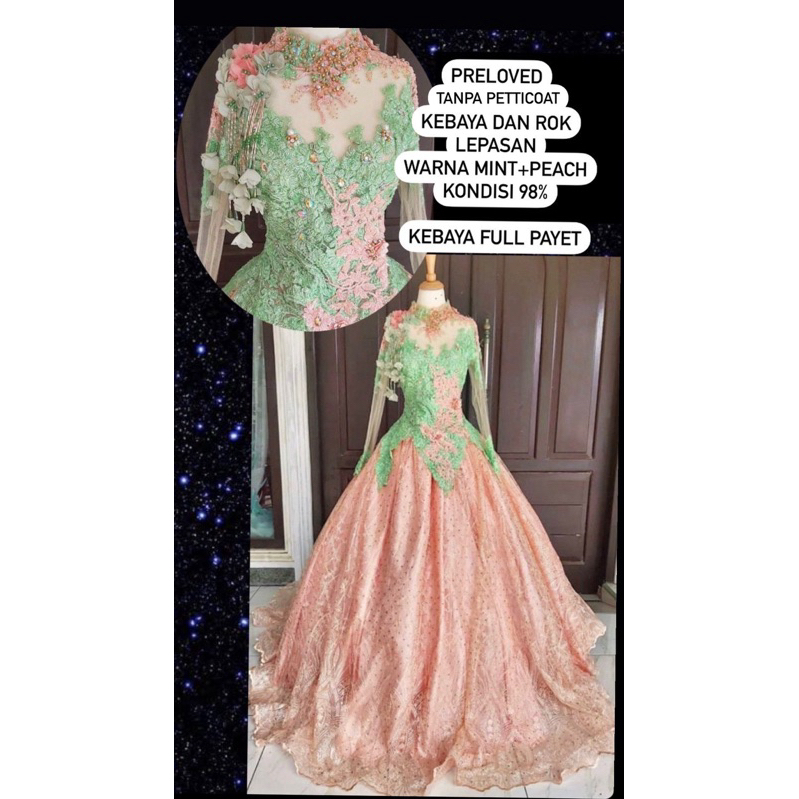 Gaun Gown Kebaya Pengantin Hijau Peach Payet jepang