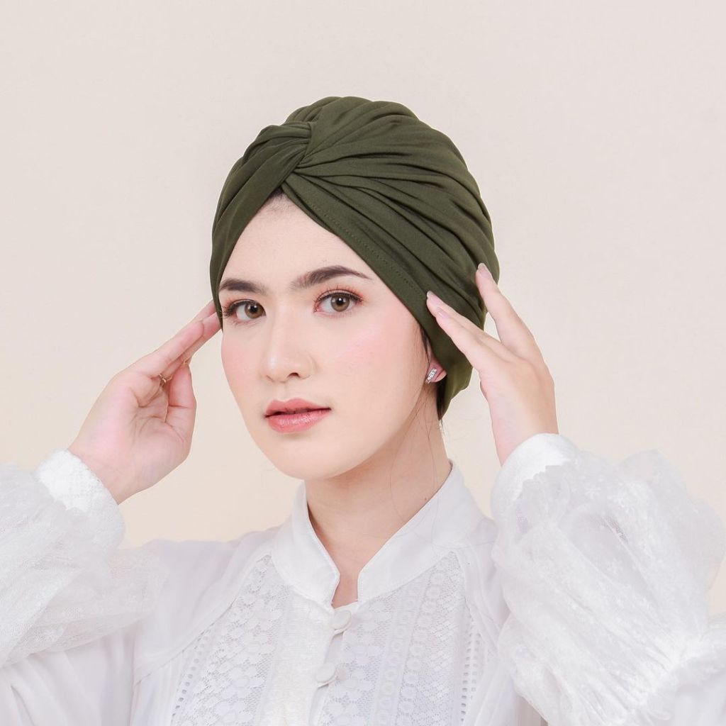 Turban Wanita Dewasa Muslim Kekinian Gyana Turban Bahan Jersey Warna Army