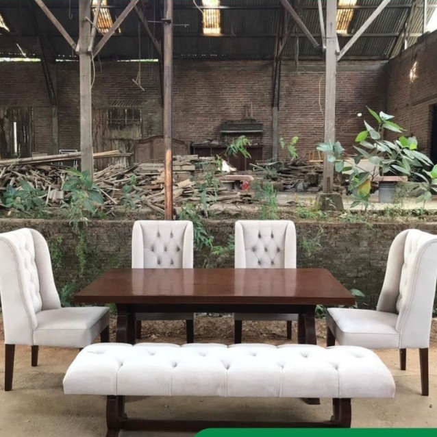 Set Meja Makan Shabby 4 Kursi 1 Sofa Stool | Set Meja Makan Minimalis