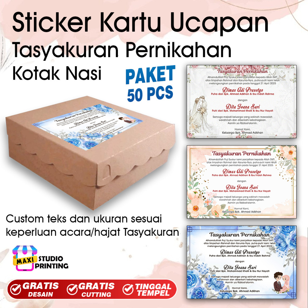 Stiker Tasyakuran Pernikahan/Label Ucapan Tasyakuran Pernikahan Custom Teks Nama/Ucapan Nasi Kotak