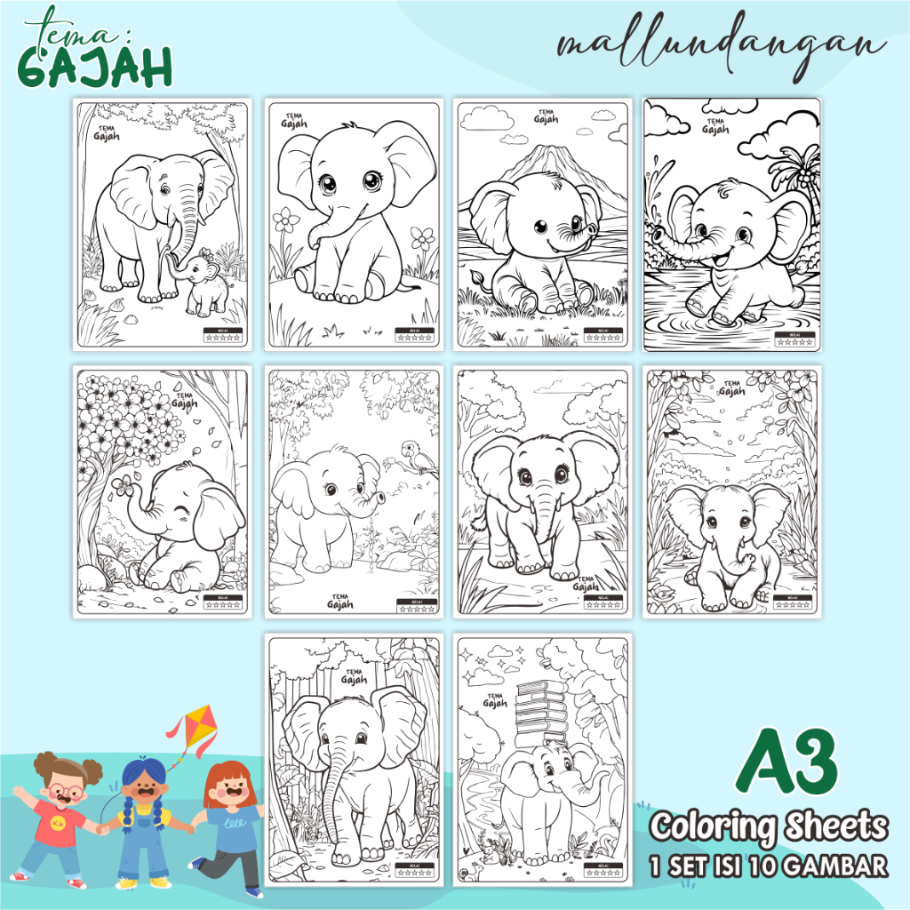 

LEMBARAN MEWARNAI ANAK A3 - TEMA GAJAH - PAPER COLORING SHEETS FOR KIDS