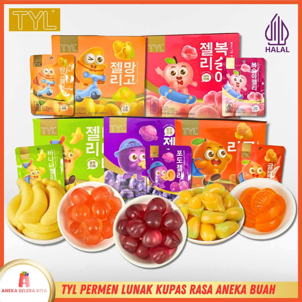 

TYL Permen Lunak Kupas Aneka Rasa Buah Grape, Banana, Mango, Peach / Baopi Gummy Soft Candy (Per-Box)