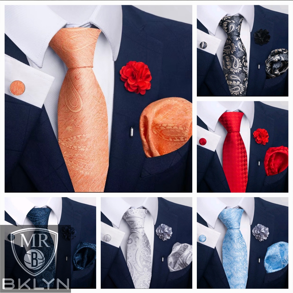 Dasi Pria Pernikahan Formal Dasi Panjang manual set Saputangan Cuffling Bros Bunga WO MC