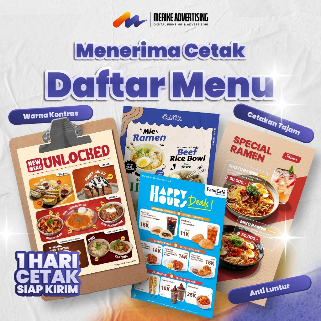 

CETAK DAFTAR MENU HD A3+, A3, A4, A5 CETAK CEPAT SEHARI JADI