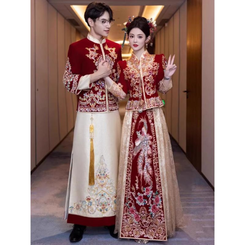 Realpic CHW-24 S-6XL Cheongsam sangjit couple impor gaun sangjit baju sangjit merah maroon gold paka