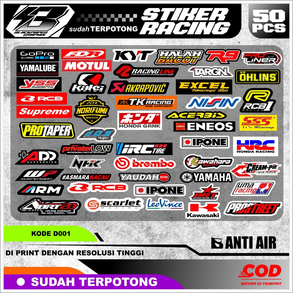 

50 pcs stiker racing stiker bengkel balap sponsor racing keren sudah terpotong