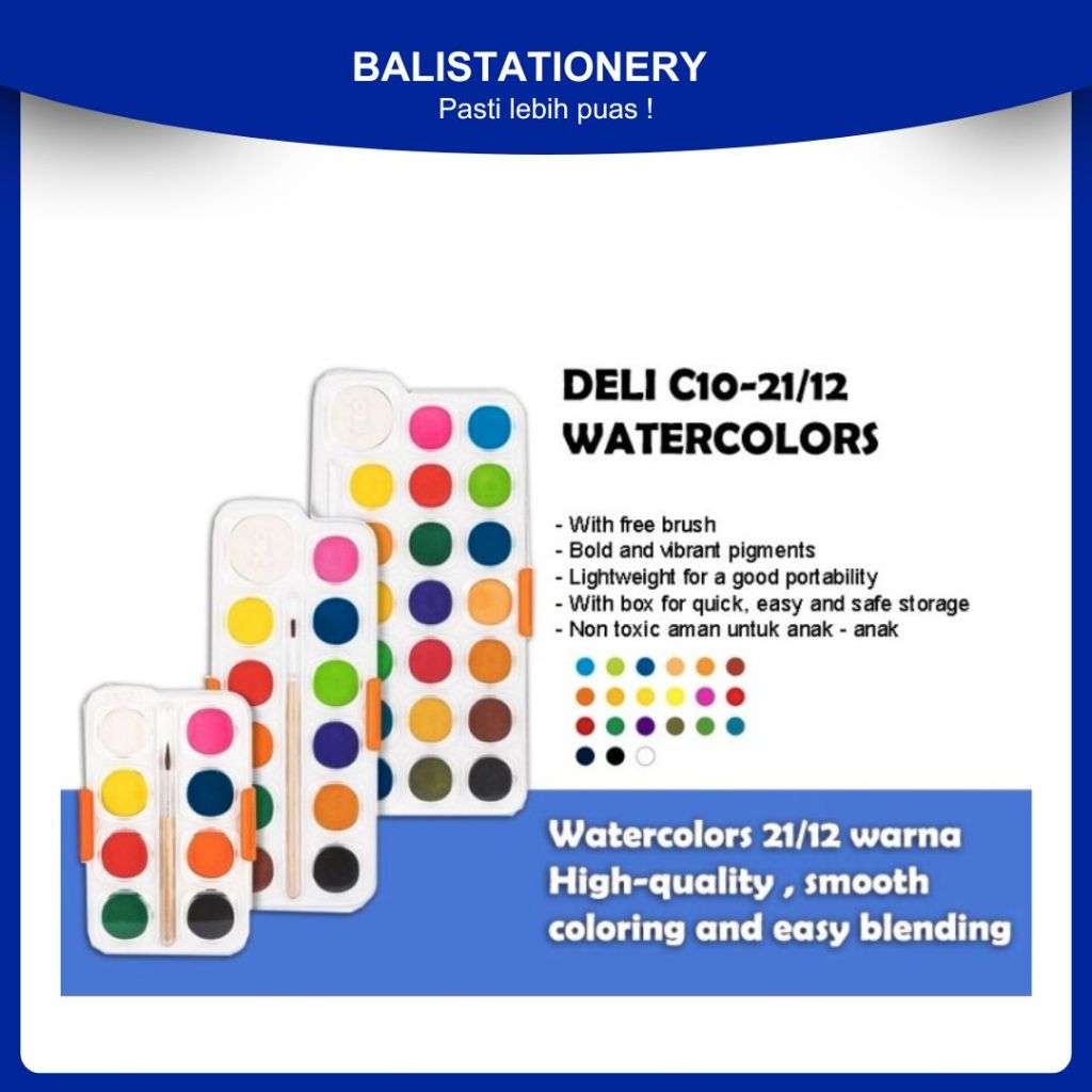 

water color cake / Cat Air Padat Deli C10-8 / C10-12 / C10-21 - Set Kuas dengan warna cerah
