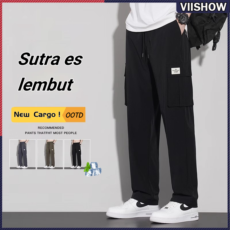 Celana cargo panjang pria Celana cargo pants sutra es hitam Korean style Fashion Baggy pants Celana 