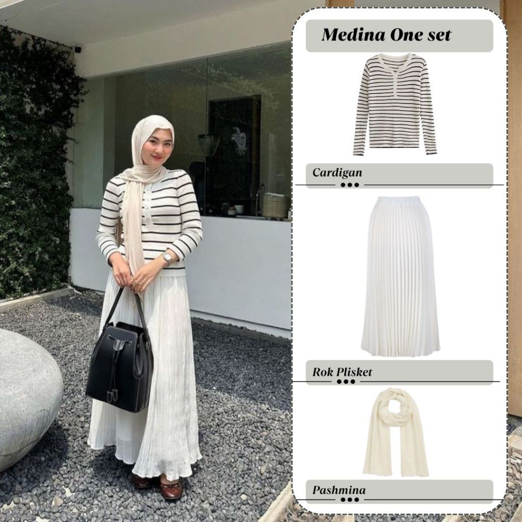 Medina Outfit Set Wanita Atasan Baju Rajut Rok Plisket Pashmina Hijab  Setelan Sehari Hari Ootd