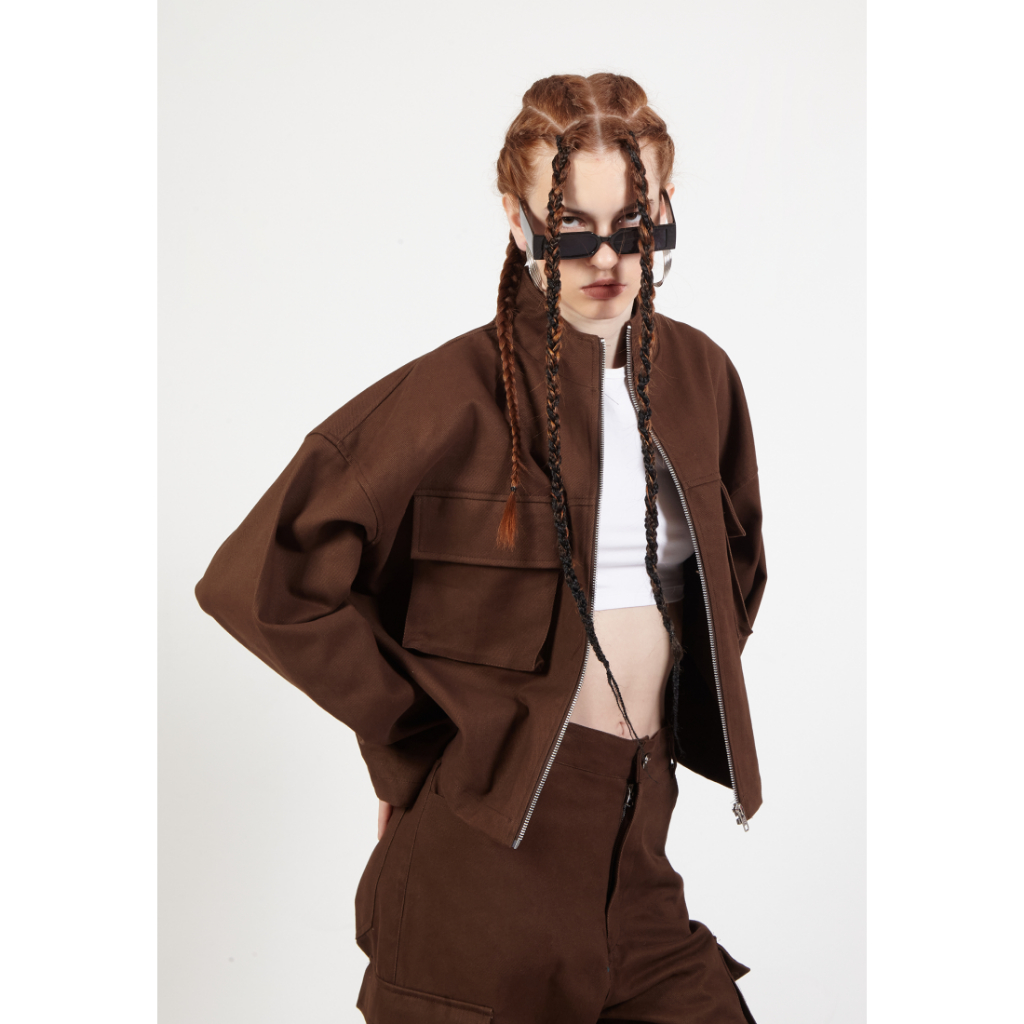 OCWA ZOZO CROP BIKER BROWN DENIM JACKET