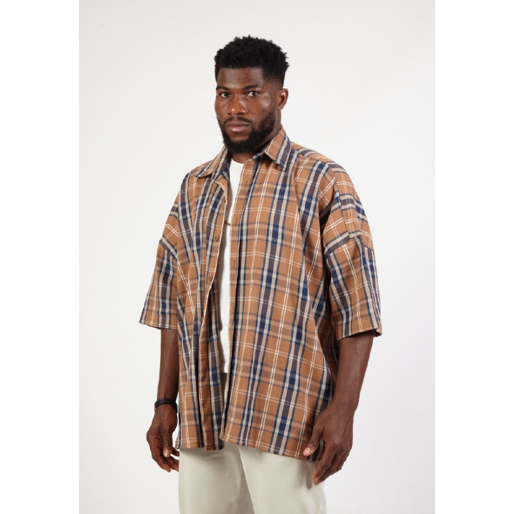 OCWA DREW OVERSIZED FLANNEL PLAID BROWN CREAM MULTI Y2K SHIRT
