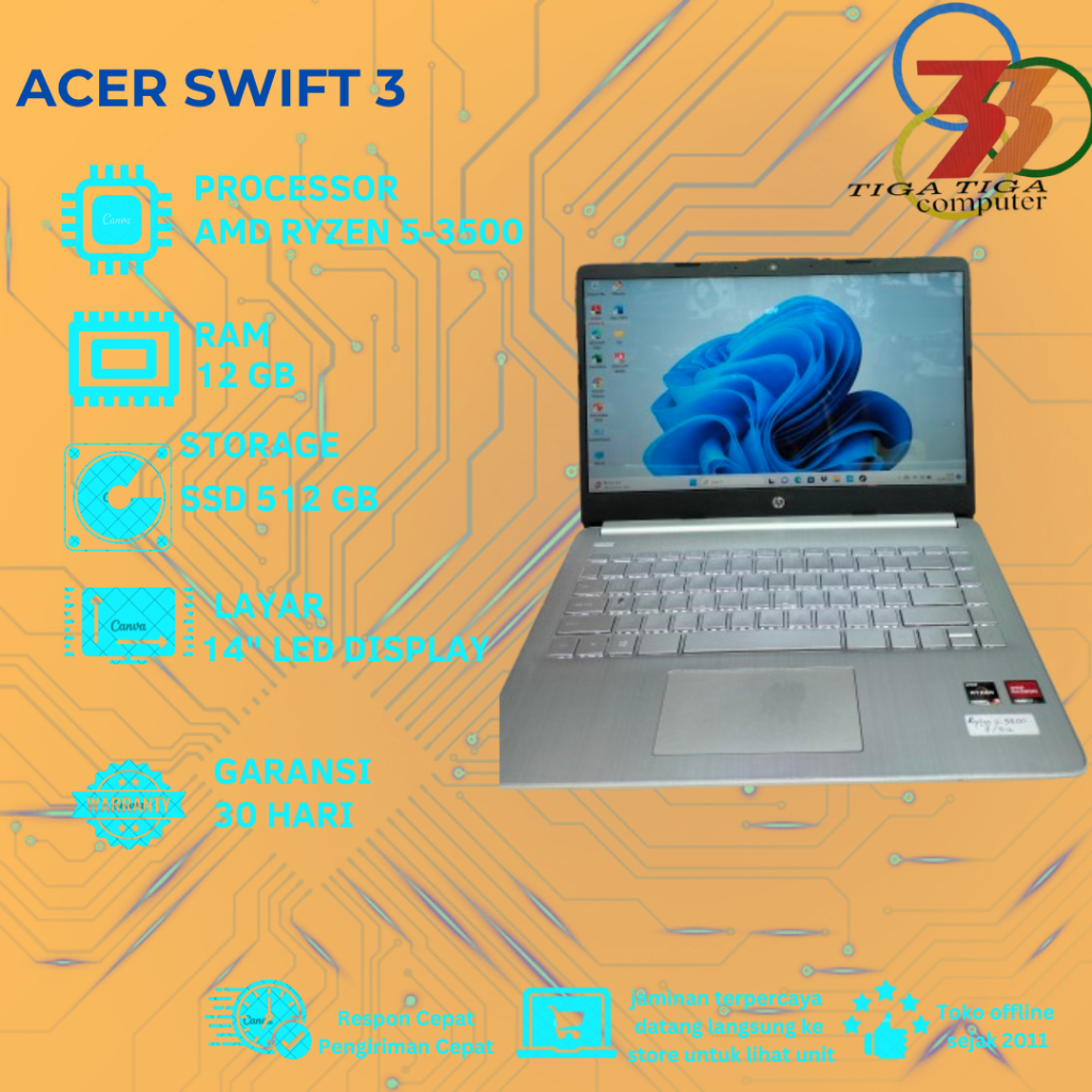Laptop Second ACER SWIFT 3 RYEZEN 5-3500 RAM 8GB SSD 512GB Cocok untuk KERJA Kantor/Pelajar,Mahasisw