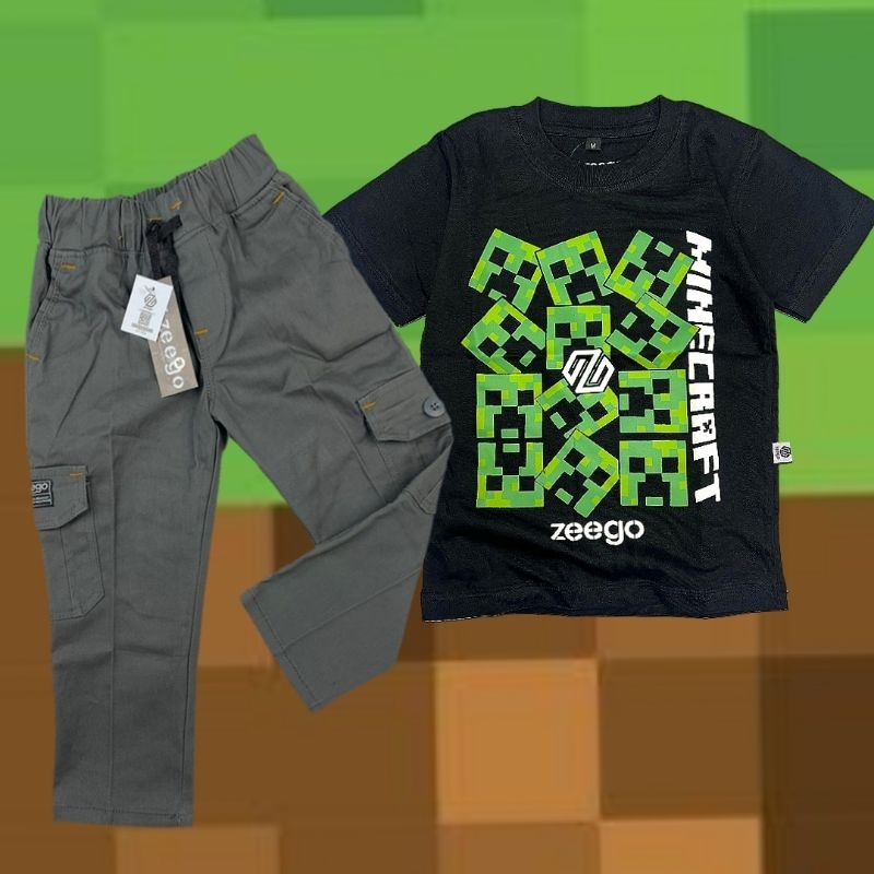 Setelan Baju Lengan Pendek celana panjang cargo SET Pendek Kaos Anak Laki Laki Motif MINECRAFT GAME