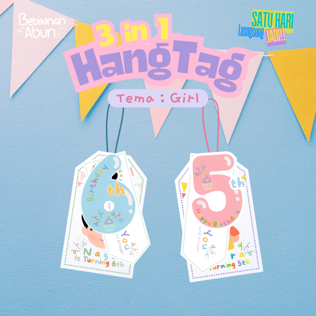 Hangtag Ulang Tahun Anak 3in1 | Hangtag Souvenir Ulang tahun Anak Tema Perempuan