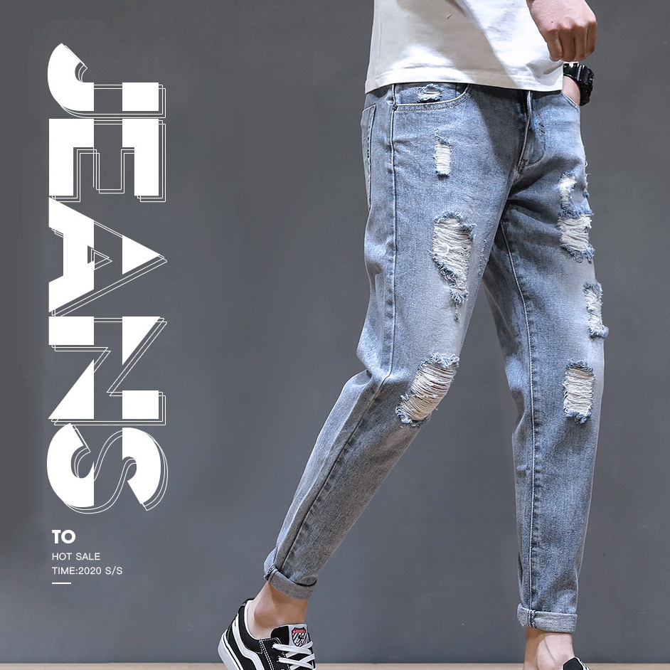 Tren Kekinian Ripped Jeans Pria Celana Pensil Cowok Sobek Jeans Laki Laki Dewasa Celana Jeans Baggy 