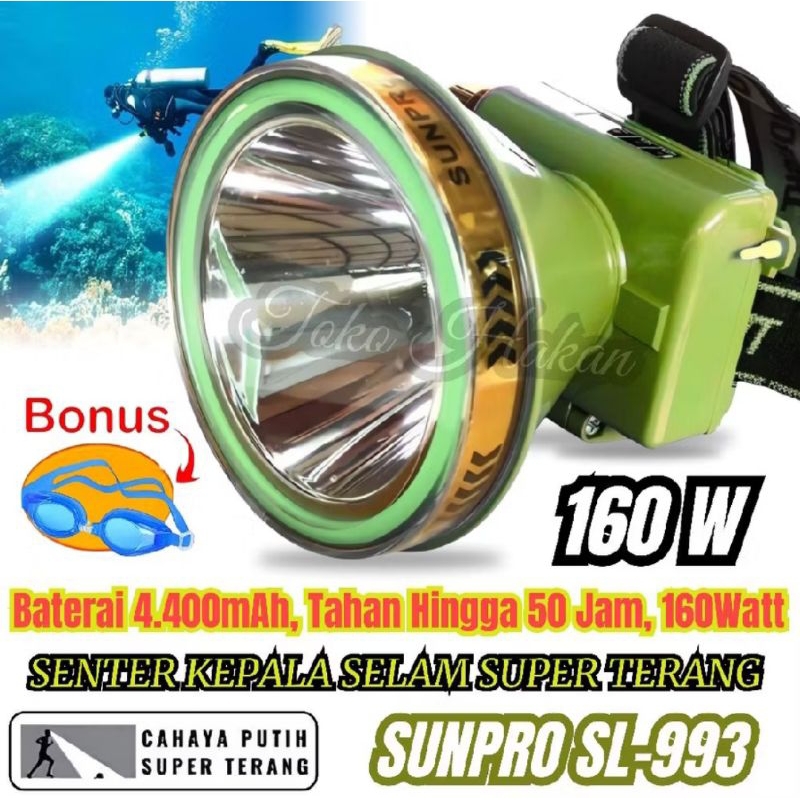 sunpro sl-993 senter kepala selam cahaya putih 160watt plush dua lensa