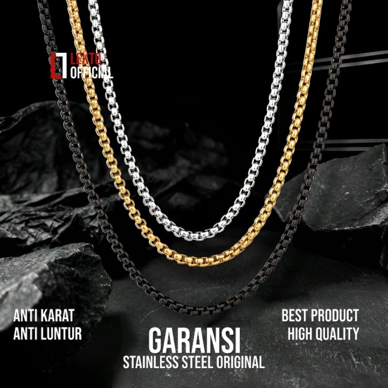 Kalung Pria Titanium Asli Anti Karat Wanita Model Rolo Silver Gold Hitam Kalung Monel