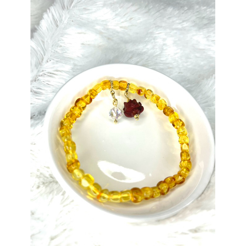 Gelang Batu Alam Amber cube 5mm dan Cinnabar 9 Tail Fox
