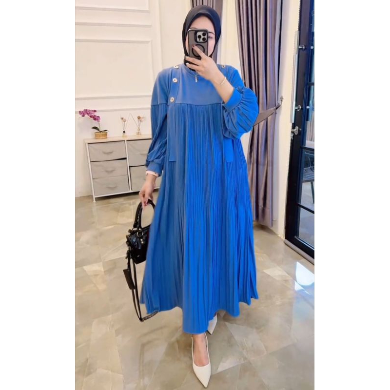 gamis midi dress plisket kaos knit rajut import kancing tali