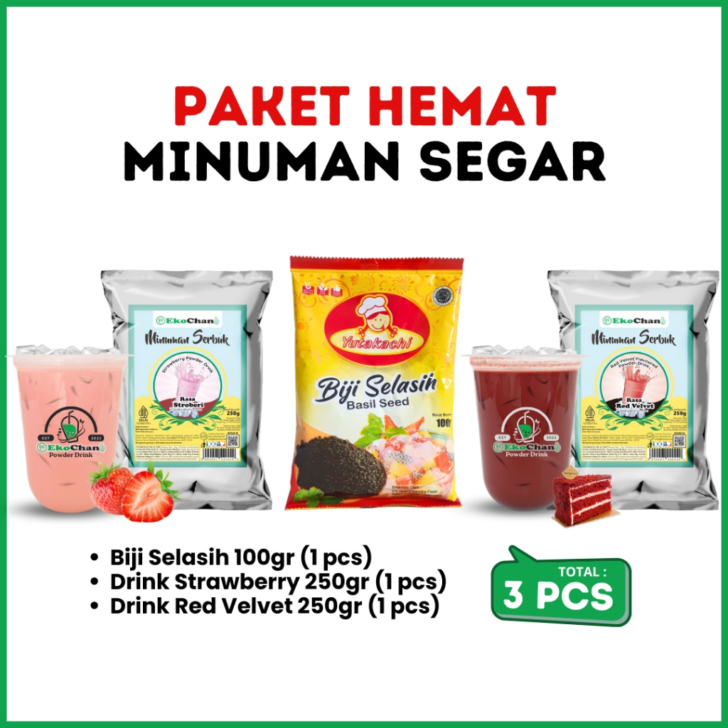 

Paket Seger 3pcs (Biji Selasih100gr - Ekochan Strawberry 250gr - Ekochan Red Velvet 250gr)