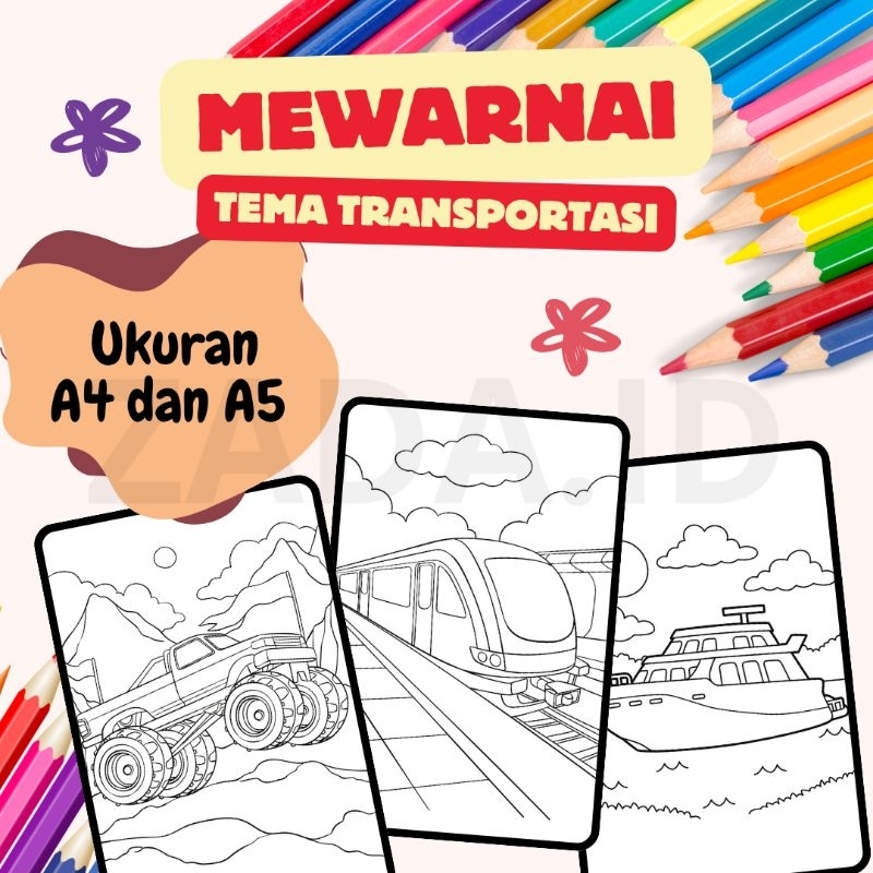 

20 Lembar Kertas HVS Mewarnai Anak Sketsa Gambar Mewarna PAUD TK SD Tema Binatang Hewan Buah Sayur Pemandangan Transportasi