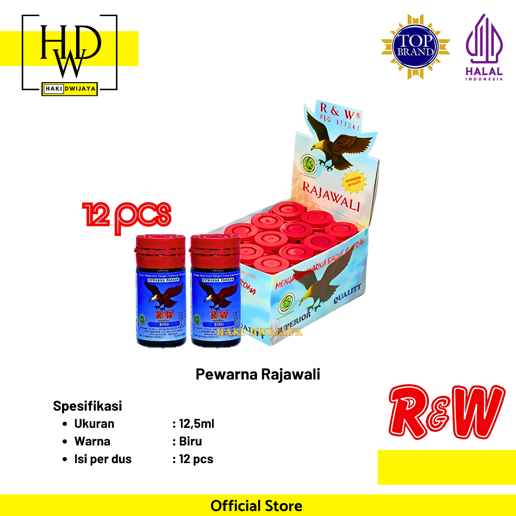

Rajawali Pewarna Makanan Minuman Kue R&W Botol 12,5ml x 12pcs Warna Biru