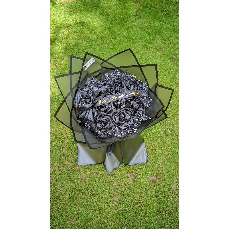 round rose buket pita satin (black rose tanpa Glitter)