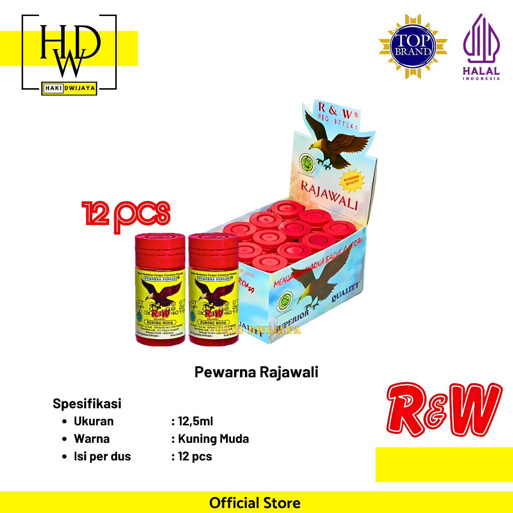 

Rajawali Pewarna Makanan Minuman Kue R&W Botol 12,5ml x 12pcs Warna Kuning Muda