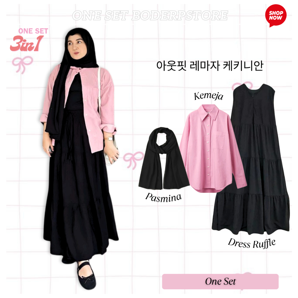 One Set 3in1 Dress Well Kemeja Pink + Inner Dress Ruffle + Hijab Pashmina Set Baju Muslimah Kekinian