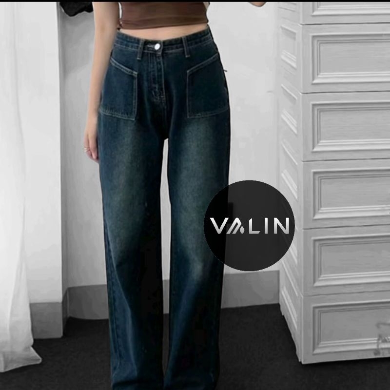 Celana Jeans Wanita Korean Loose Highwaist Kulot Saku Depan