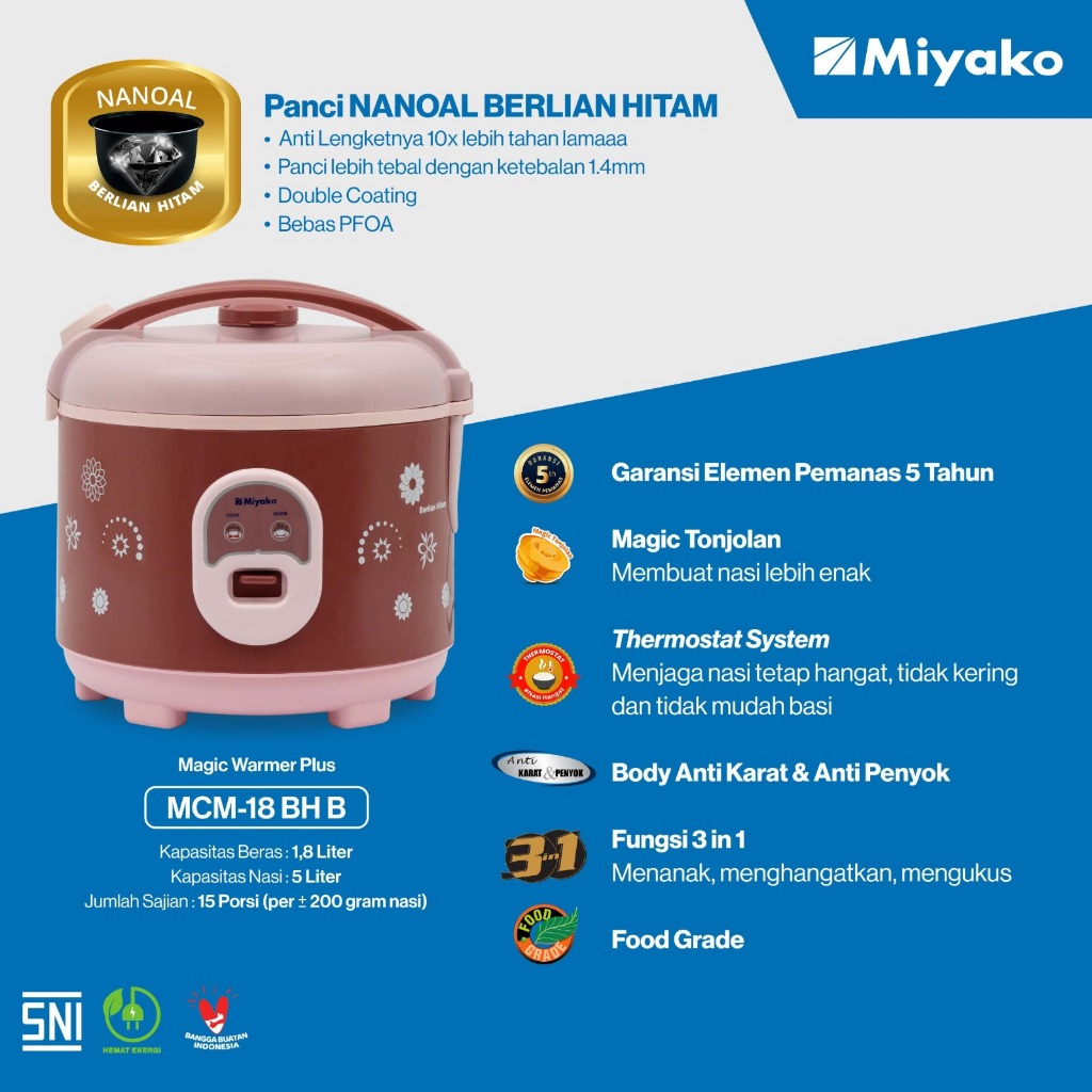 Magic Com Miyako MCM18BHB Nanoal Berlian Hitam - Rice Cooker 1.8 Liter - 3IN1 Magic Warmer Plus