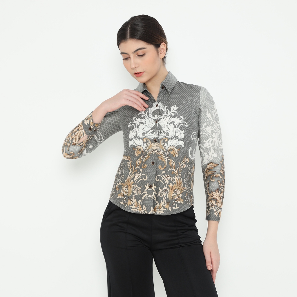 LUIGI RICCIO Kemeja Batik Wanita Couple Acara Kerja Kantor Kuliah Casual New Grey Series Limited Edi