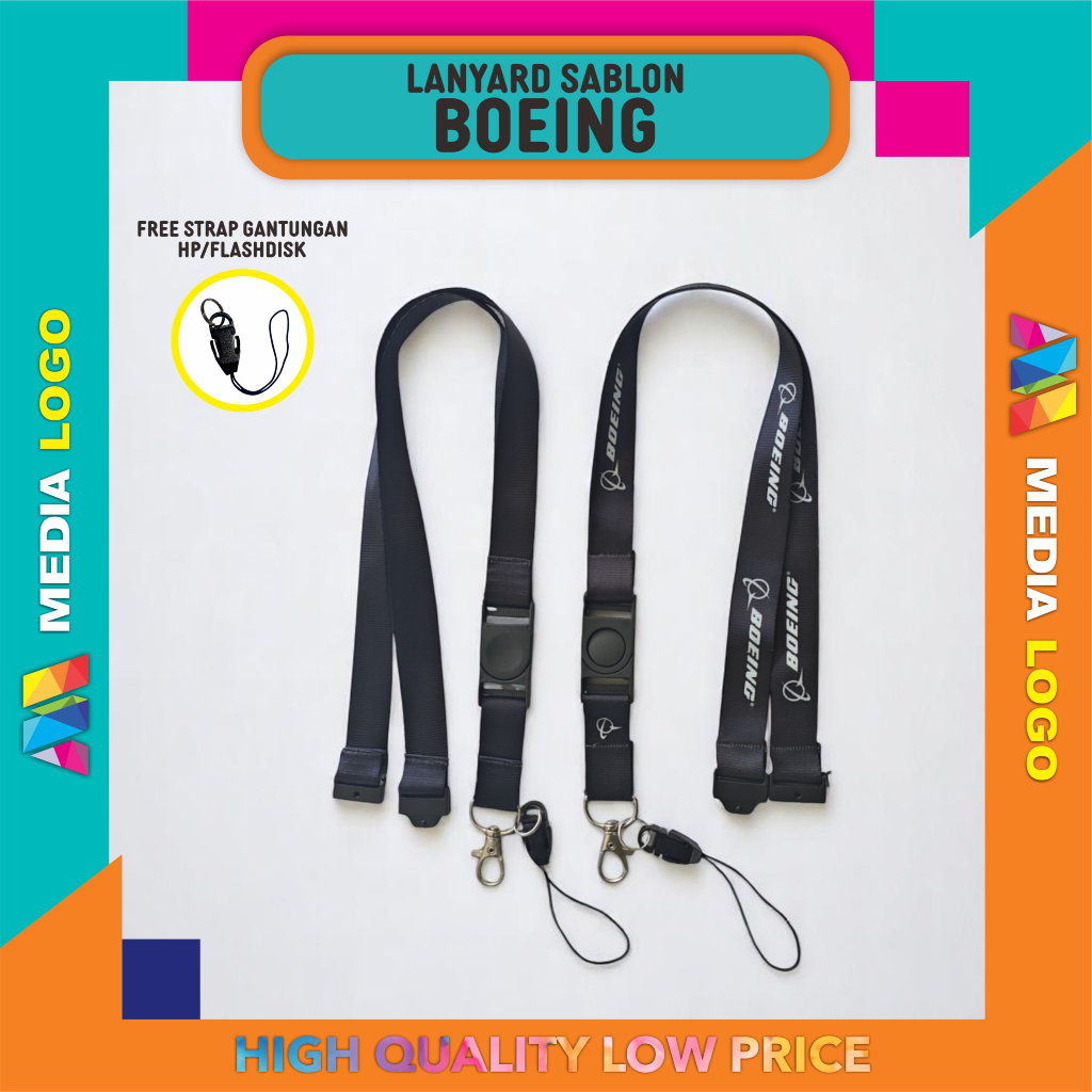 

BOEING Lanyard/Gantungan ID Card Sablon Breakaway - Hitam (TANPA HOLDER)
