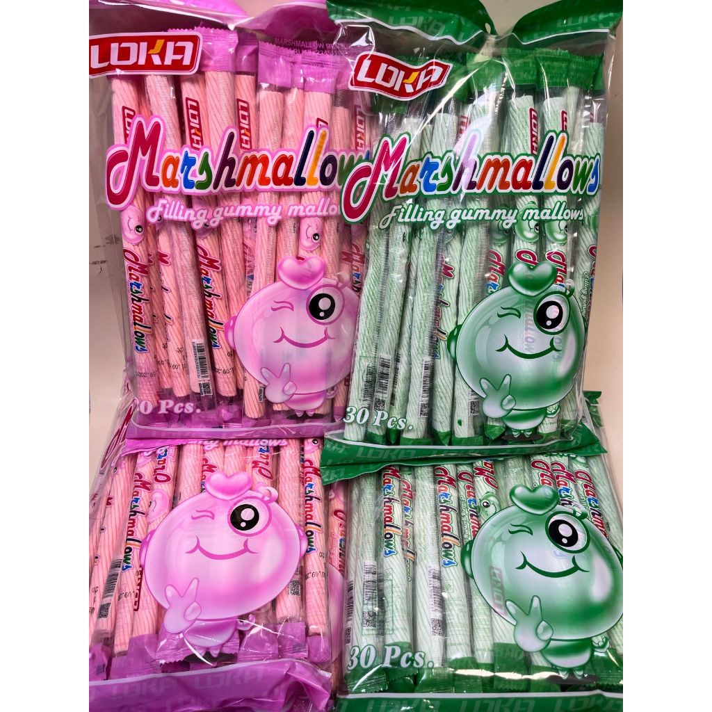 

LOKA JAYA BOGA Marshmallows Long 1 Pack isi 30 Pcs Aneka Rasa Buah Filling Gummy Mallows Permen Viral Gummy Strowbery Lemon Apel BPOM RI HALAL