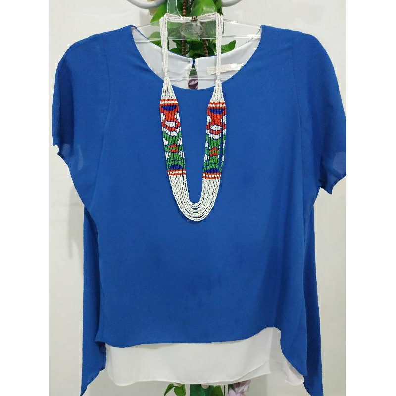 Blouse Sifon Biru - Putih