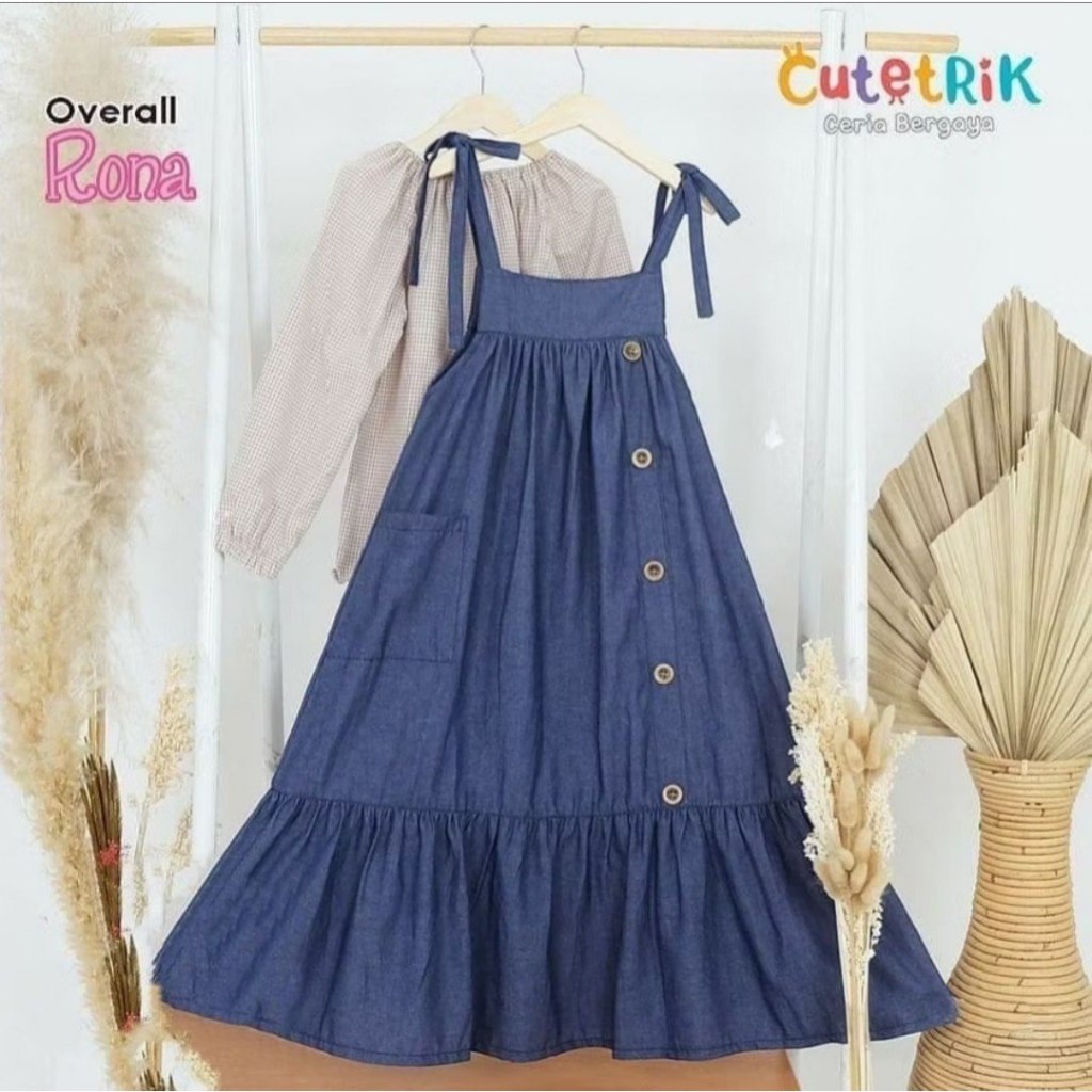 Pakaian Anak Perempuan 7-15 Tahun Rona Overall Set 2in1 Bahan Supernova Mix Katun Square Setelan Rem