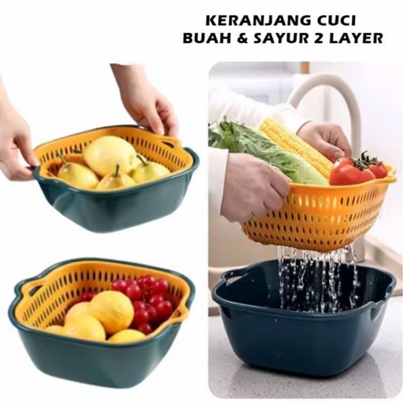 Baskom Cuci Buah Saringan Sayur 2in1 Keranjang Cuci Buah Sayur Plastik Set Tempat Tirisan - Kitchenw